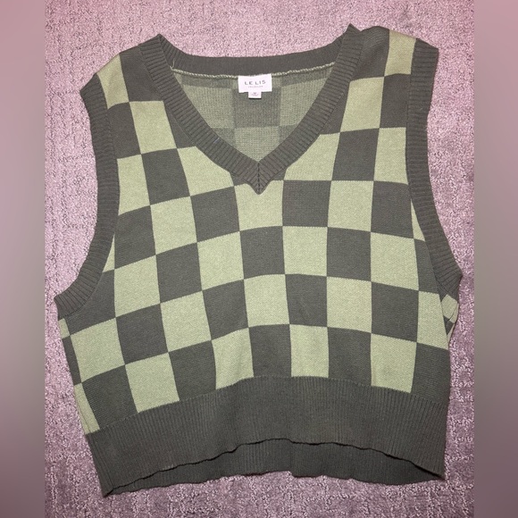 Le Lis Sweaters - Le Lis Olive and Sage Checkered V-Neck Sweater Vest